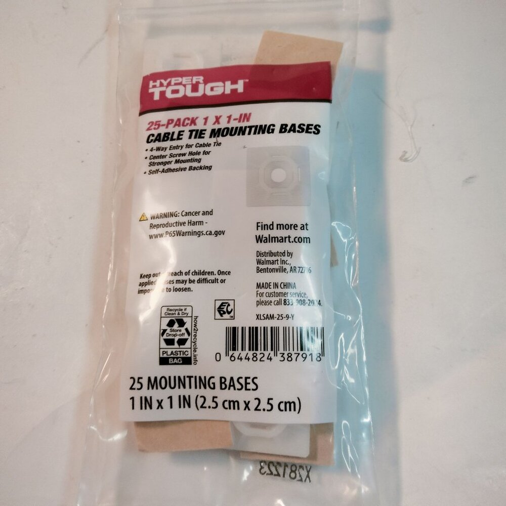 Hyper Tough 1x1 Inch Cable Tie Mounting Bases 25 Pack Self Adhesive Backing